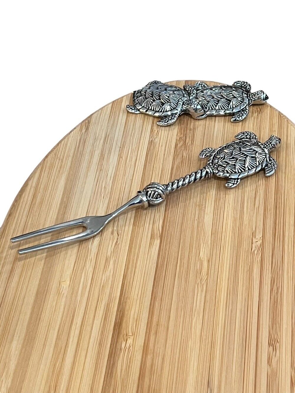 Mudpie Long Turtle Wood Board Set 10” X 6.5” with Small Fork